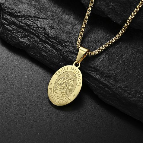 Christian St. Christopher Protect Us Medal Necklace Stainless Steel St. Michael Pendant Collares For St Michael Pendant, Boys Gift, Vintage Medallion, San Michele, Saint Michael, Mens Jewelry Necklace, Medallion Necklace, Necklace For Men, Black Necklace