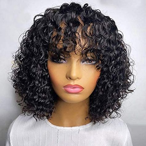 100% Brazilian Water Wave Human Hair Wigs With Bangs (14inch, Natural Color) Full Machine Made Wigs For Women Remy Pixie Cut Bob Wig With Bangs for Black women: Amazon.ca: Beauty Curly Fringe, Human Hair Wigs With Bangs, Short Pixie Bob, Color Rubio, Corte Bob, Natural Hair Extensions, Curly Bob Wigs, Short Human Hair Wigs, Short Curly Wigs