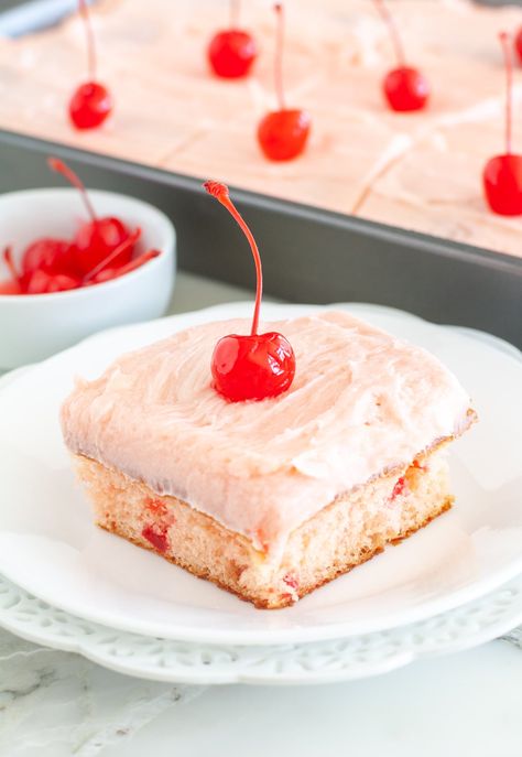 Cherry Chip Cake Cherry Chip Cake Recipe, Maraschino Cherry Cake, Cherry Chip Cake Mix, Cherry Chip Cake, Cherry Frosting, Cherry Cake Recipe, Chocolate Cake Recipe Easy, Chocolate Sheet Cake, Cherry Cake