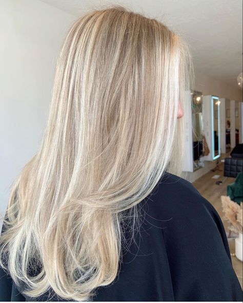 Swiss Blonde Hair, Swedish Blonde Balayage, Pale And Blonde, Norwegian Blonde Hair, Light Neutral Blonde Hair, Blonde Layers Long, Rich Blonde Hair, Full Head Of Blonde Highlights, Nordic Blonde Hair