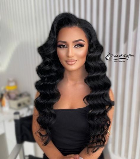 Glam Waves Medium Length Hair, Buchona Hairstyles, Quinceanera Outfit, Prom Hair Up, Light Purple Hair, Wedding Hair Half, Hollywood Hair, Beach Wave Hair, Bridesmaid Hair Makeup