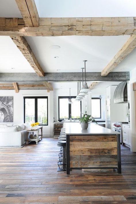 Modern Farmhouse Reclaimed Wood Ceiling Beams, Kitchen Island and Floor #kitchen #kitchendecor #kitchendecorideas #kitchendecorating #kitchendecoratingideas #farmhousekitchen #modernfarmhousekitchen #modernfarmhouse #farmhouse #farmhousedecor #reclaimed #reclaimedwood #reclaimedfurnitureideas #reclaimedwoodprojects #reclaimedwoodfurniture Reclaimed Wood Ideas, Beams Kitchen, Reclaimed Wood Beams Ceiling, Reclaimed Wood Bedroom, Wood Ceiling Beams, Reclaimed Wood Bathroom Vanity, Rustic Industrial Kitchen, Floor Options, Reclaimed Wood Ceiling