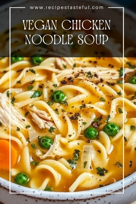 A comforting and hearty vegan version of the classic chicken noodle soup, packed with fresh vegetables and flavorful herbs. Perfect for a cozy dinner or as a soothing remedy on a chilly day. Vegetarian Chicken Noodle Soup, Vegan Chicken Noodle Soup, Classic Chicken Noodle Soup, Vegan Chicken, Cozy Dinner, Feeling Under The Weather, Under The Weather, Sauteed Vegetables, Chicken Noodle Soup