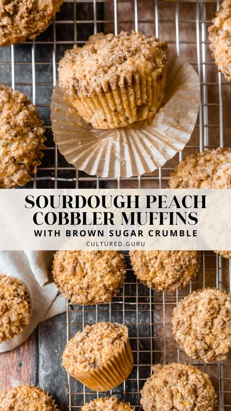 Fermented Sourdough Muffins, Peach Sourdough Scones, Sourdough Discard Peach Scones, Lemon Sourdough Muffins, Peach Sourdough Bread, Sourdough Peach Muffins, Sourdough Pear Recipes, Sourdough Brunch Recipes, Sourdough Breakfast Muffins