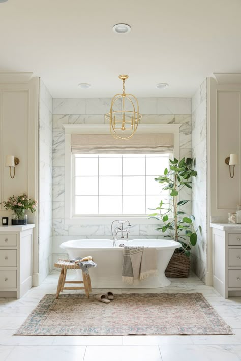 Mcgee Bathrooms, Chandelier Over Bathtub, Mcgee Bathroom, Master Bathtub, Studio Mcgee Bathroom, Modern Vintage Bathroom, Stand Alone Bathtubs, Bathtub Decor, Master Bath Remodel