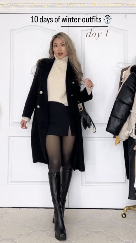 Winter Outfits Stockings Tights, Fleece Tights Outfit Winter, Boots And Short Skirts Outfits, Skirt Outfits With Stockings Black, Beige And Black Skirt Outfit, Winter Outfits With A Skirt, Thermal Stockings Outfit, Black Boots And Tights Outfit, Fleece Leggings Outfit Skirt