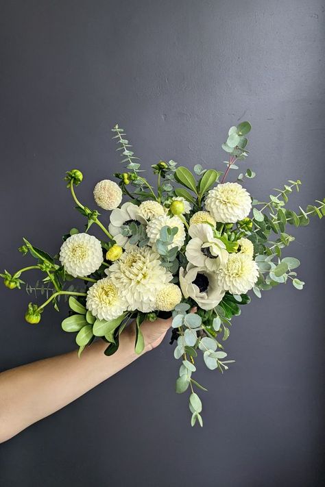 Dahlias & Anemones wedding bouquet Anemones Wedding, Dahlia Bridal Bouquet, Nova Scotia Wedding, Bridal Party Flowers, White Anemone, White Bouquet, Flower Bouquet Wedding, Wedding Florist, Anemone