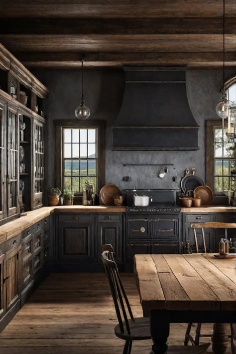 Distressed wood cabinets in a farmhouse kitchen Black Rustic Kitchen Ideas, Black And Stained Wood Kitchen, Black Farmhouse Kitchen, Bloxburg Apartment, Ny House, Dark Gray Kitchen Cabinets, Kitchen Vibes, French Farmhouse Kitchen, Dark Grey Kitchen