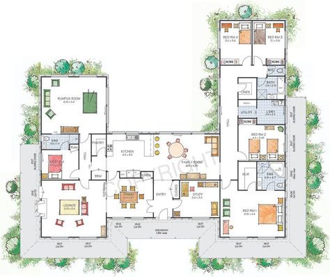 multiple containers joined, plants, minimal furnishings. Kitchen Layout U Shaped, U Shaped House Plans, U Shaped Houses, Container Home Designs, Interior Floor Plan, Pelan Rumah, Courtyard House Plans, Kitchen Floor Plans, House Design Exterior