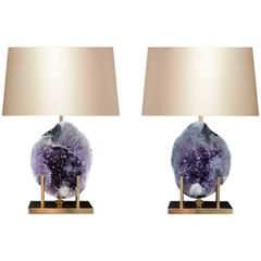 Pair of Natural Amethyst Rock Crystal Quartz Lamps Quartz Table, Infinity Lights, Rock Lamp, Quartz Lamp, Amethyst Rock, Purple Lights, Crystal Lamps, Crystal Room, Gallery Lighting