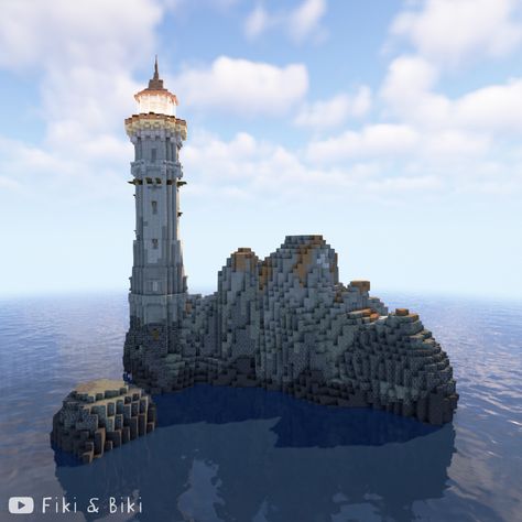 Minecraft Island Base Ideas, Minecraft Lighthouse Interior, Minecraft Building Ideas Lighthouse, Minecraft Lighthouse Medieval, Minecraft Medieval Lighthouse, Minecraft Island Builds, Minecraft Lighthouse Ideas, Minecraft Island Base, Ship Minecraft