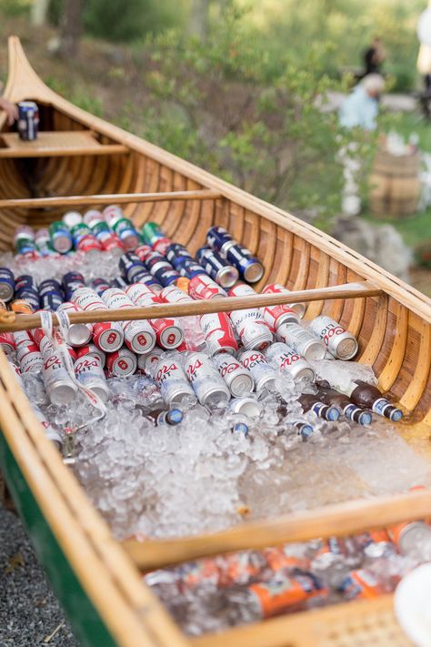 Canoe cooler for outdoor wedding | Cape Cod & Boston Weddings Canoe Cooler, Cape Cod Wedding Decor, Maine Wedding Decor, Friends At Beach, Spring Beach Wedding, Beach Plum, Blue White Weddings, Beer Wedding, Rustic Style Wedding