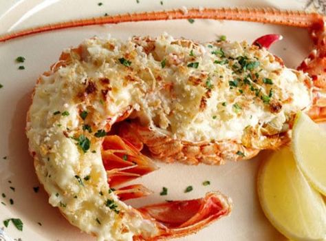 Spoon lobster mixture evenly among the shells.If you want to brown them; sprinkle... Lobster Mornay, Crayfish Tails, Lemon Cheese, Shellfish Recipes, Lobster Recipes, Lobster Tails, Creamy Sauce, Special Recipes, Salmon Burgers