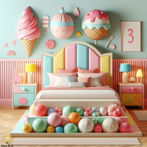 Ice Cream-Shaped Bed Ice Cream Room Decor, Ice Cream Bedroom, Cream Bedroom, Cream Room, Ice Cream Theme, Baby Rooms, Bedroom Themes, Girl Room, Girls Bedroom