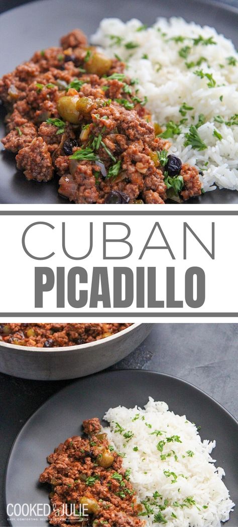 Picadillo is a delicious recipe that is super easy to make. Made with ground beef, spices, tons of garlic, and olives. #picadillo #cubanpicadillo #cookedbyjulie #cubanrecipes Curdito Recipe, Piccadilly Recipe, Cuban Picadillo Recipe, Beef Spices, Catering Recipes, Cuban Picadillo, Picadillo Recipe, Keto Meat, Cuban Dishes