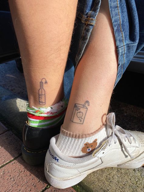 Juice Tattoo Small, Juicebox Tattoo Small, Juice Box Tattoo Simple, Apple Juice Tattoo, Orange Juice Box Tattoo, Coke Can Tattoo, Tiny Line Tattoos, Juicebox Tattoo, Soju Tattoo