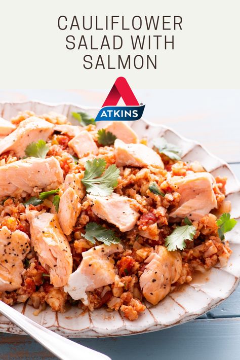 Need some weeknight dinner inspiration? This filling cauliflower salmon dish takes less than 30 minutes to make. Explore this and 1,800 #lowcarb and #keto recipes at www.atkins.com/recipes Atkins Recipes Phase 1, Atkins Dessert Recipes, Atkins Meals, Salmon Cauliflower, Adkins Recipes, Atkins 20, Adkins Diet, Salad With Salmon, Atkins Diet Recipes Phase 1