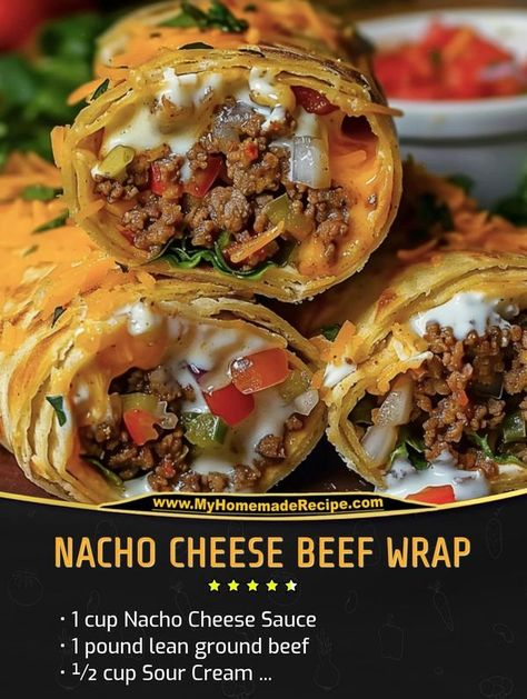 Family Cookbook Recipes | Nacho Cheese Beef Wrap | Facebook Nacho Cheese Beef Wrap, Nachos Recipe Beef, Beef Wraps, Nachos Beef, Homemade Lunch, Dinner Sandwiches, Nacho Cheese, Pizza Recipes Homemade, Pasta Dinner Recipes