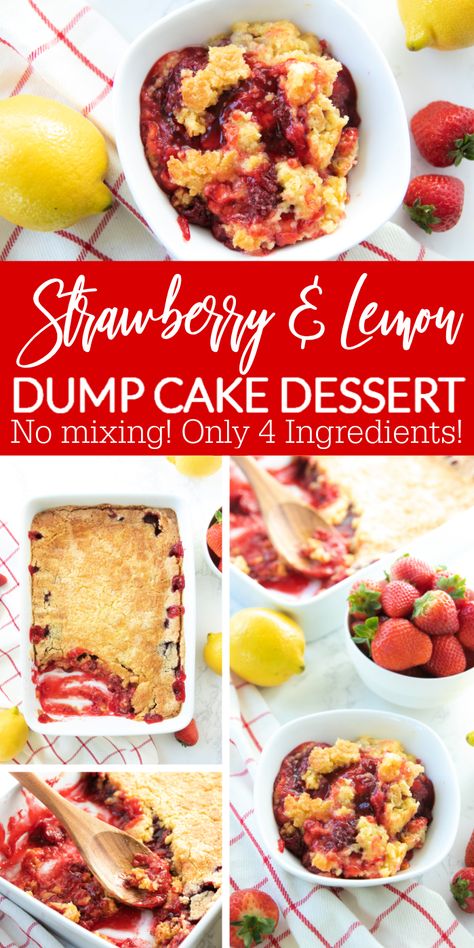 Strawberry Lemon Dump Cake is a simple and delicious dessert that comes together in no time. A boxed cake mix gets transformed! #dessert #passion4savings #dumpcake #potluck #dessertrecipe #lemon #strawberry #easy #affordable #best Party Cookies Recipe, Lemon Dump Cake, Lemon Dump Cake Recipe, Strawberry Dump Cake, Lemon Cake Mix Recipe, Strawberry Lemon Cake, Box Lemon Cake, Canned Strawberries, Dump Cake Recipe