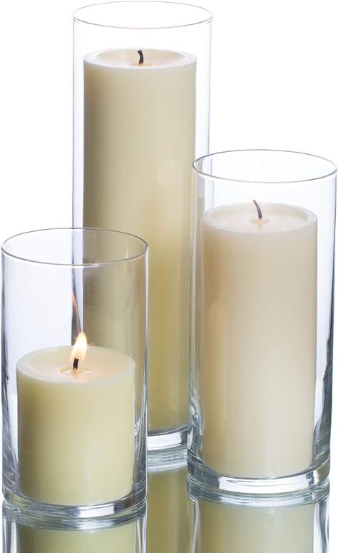 Amazon.com: Richland Set of 36 Glass Eastland Cylinder Vases and 36 Brown Pillar Candles 3" : Home & Kitchen Cylinder Candles, Wedding Floral Centerpieces, Cylinder Vase, Flameless Candles, 2024 Trends, Floral Centerpieces, Pillar Candles, Home Kitchen, Floral Wedding