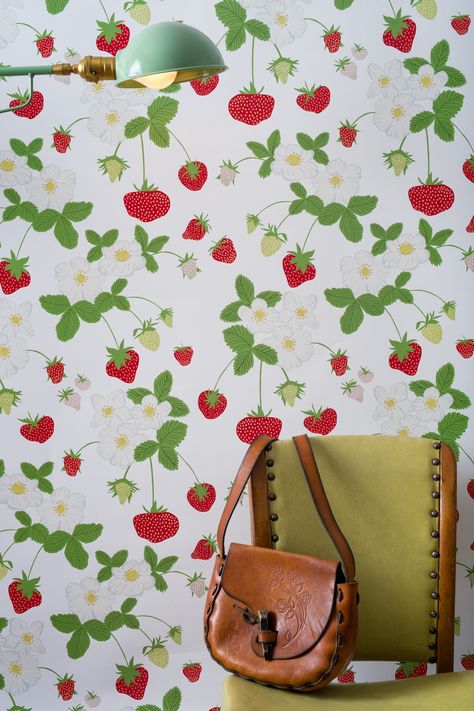 Strawberry Social Wallpaper by @kategolding2 #design Daisy Green Wallpaper, Social Wallpaper, Strawberry Social, Modern Wallcovering, Pretty Floral Dress, Strawberry Patch, Commercial Wallpaper, Wallpaper Modern, Summer Is Here