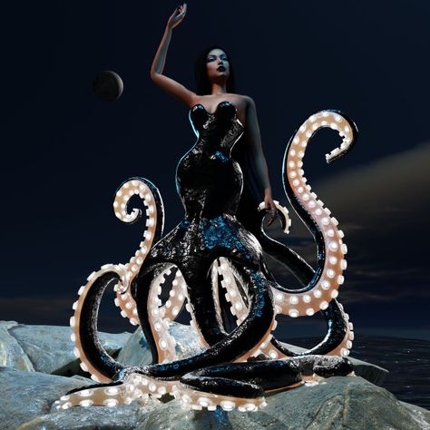 Octopus Fashion Design, Sims 4 Ursula Cc, Sims 4 Tentacles, Octopus Fashion, Octopus Dress, Ursula Dress, Octopus Mermaid, Octopus Costume, Zombie Christmas