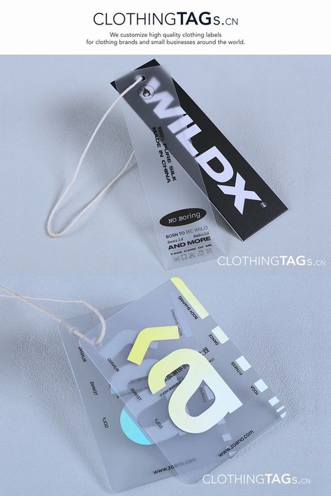 Custom printed clear plastic hang tags for your clothing. Transparent, frosted, or translucent? Personalize plastic hang tag, add a unique design to your brand and make your brand stand out. Clear plastic hang tags can create a layered effect and are a popular hang tag option for many high-end brands. We offer all plastic hang tag options to match your apparel design. You can print any unique logo color, even a luxurious gold color. Mail: Info@ClothingTags.cn Paper Carrier Bags, Clothing Labels Design, Hang Tags Clothing, Hang Tag Design, Clothing Packaging, Ticket Design, Id Design, Unique Packaging, Shirt Design Inspiration