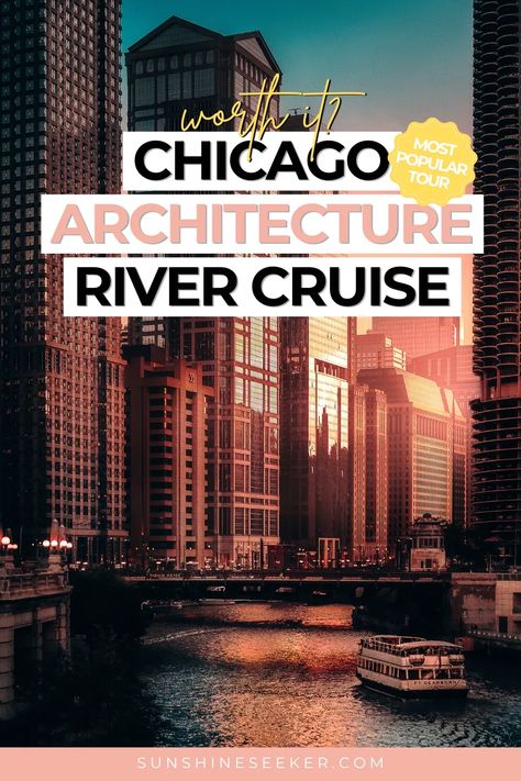 Don't miss this architectural river cruise while in Chicago. It was my favorite tour in Chicago. Learn about the Windy City's beautiful architecture and see it all from a unique perspective. Best Chicago tour. Best Chicago River Cruise. Chicago River Cruise, Chicago Birthday, Best River Cruises, Night Architecture, Marina City, Chicago Tours, Chicago River, Best Boats, Birthday Trip