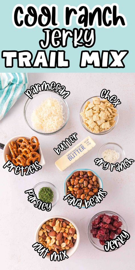 Cool ranch trail mix with jerky and Chex Salty Trail Mix Recipes, Homemade Trail Mix Recipes, Salty Trail Mix, Homemade Crackers Recipe, Trail Mix Recipe, Brunch Sides, Homemade Jerky, Pretzel Snacks, Trail Mix Recipes