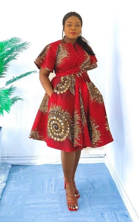 Ankara Flare Dress Styles, Simple Flare Dress, Short Flare Gown Styles, Ankara Flare Gown Styles, Ankara Flare Gown, African Print Wrap Dress, Short Flare Gown, Ankara Short Flare Gowns, Red African Print