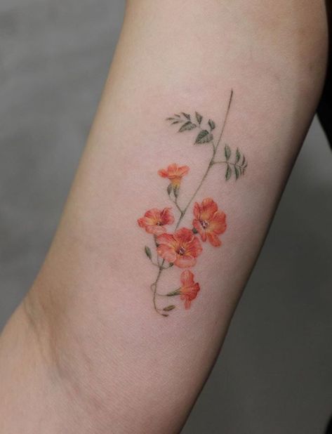 Orange Flower Tattoo Orange Flowers Tattoo, Orange Flower Tattoo, Purple Flower Tattoos, Tattoo Ink Colors, Cat Tattoo Small, Movie Tattoos, Waves Tattoo, Music Tattoos, Hot Tattoos