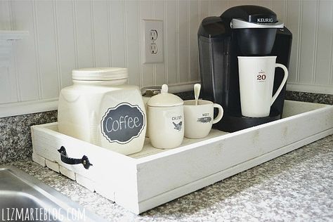 So darn cute and seems very simple to make! - tutorial on lizmarieblog Tea Station, Home Coffee Stations, Coffee Tray, Coffee Corner, Coffee Station, Trendy Kitchen, Wood Tray, Counter Top, Rustic Diy