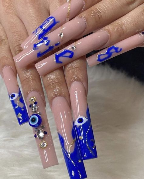 Evil Eye Acrylic Nails Coffin, Long Square Acrylic Nails Evil Eye, Dark Blue Nails Acrylic For Prom, Blue Long Acrylic Nails, Long Blue Acrylic Nails, Gang Nails, Aries Nails, Evil Eye Nails, Black Acrylic Nails