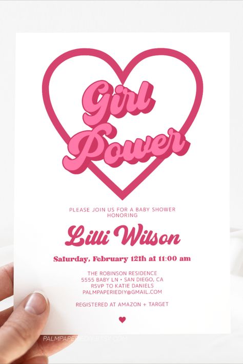 Girl Power Baby Shower, Valentines Theme, Retro Invitation, Baby Shower Invitation Girl, Valentines Baby Shower, Preppy Party, Space Cowgirl, Power Shower, Baby Planning