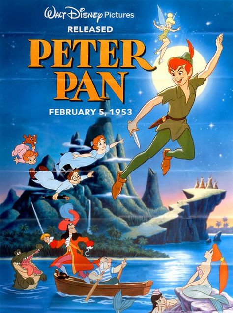 Peter Pan is a 1953 American animated fantasy-adventure film produced by Walt Disney and based on the play Peter Pan, or The Boy Who Wouldn't Grow Up by J. M. Barrie. It is the 14th film in the Walt Disney Animated Classics series and was originally released on February 5, 1953 by RKO Radio Pictures. Peter Pan 1953, Peter Pan Movie, Disney Movie Posters, Peter Pan Disney, John Wilson, Disney Posters, Classic Movie Posters, Disney Music, Walt Disney Pictures