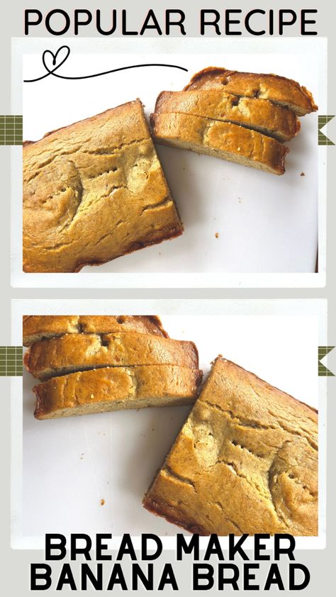 A close-up view of a sliced loaf of freshly baked banana bread resting on a wooden cutting board. The golden brown crust and moist interior of the bread are visible, with small bits of mashed banana and nuts adding texture. A bread knife and scattered crumbs can be seen in the background. Banana Bread Maker Recipes, Bread Maker Quick Bread Recipes, Banana Bread Recipe Bread Machine, Banana Bread Bread Maker Recipe, Banana Bread Bread Machine Recipe, Banana Bread Machine Recipes, Banana Bread In Bread Machine, Banana Bread In Bread Maker, Breadmaker Banana Bread