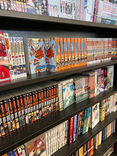 Naruto manga section Japanese Manga Collection, Naruto Manga Collection, Manga Room Aesthetic, Naruto Room, Kny Tweets, Manga Shelf, Naruto Eyes, Manga Wall, Naruto Manga