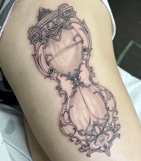 Hourglass Tattoo Feminine, Hourglass Tattoos, Ornate Tattoo, Filigree Tattoo, Hourglass Tattoo, Now Booking, Always Happy, A Tattoo, Vintage Aesthetic