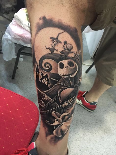 Jack Skellington And Zero Tattoo, Night Before Christmas Tattoo, Nightmare Before Christmas Tattoos, Skellington Tattoo, Jack Skellington And Zero, Traditional Shark Tattoo, Tattoo Nightmares, Christmas Tattoos, Jack Skellington Tattoo