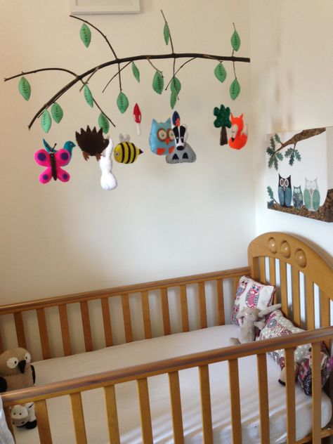 Cot mobile: 'Woodland theme' Felt animals on real tree branch Cot Mobile, Childrens Lighting, Real Tree, Woodland Theme, Tree Branch, Nursery Ideas, Felt Animals, Light Shades, Badger