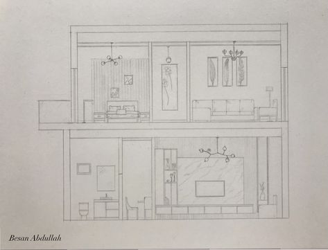 Section And Elevation Drawings, Interior Design Elevation Drawing, Section Plan Architecture, Living Room Elevation Drawing, Room Sketches Interior, Interior Elevation Drawing, Floor Plan Interior Design, Sleeping Room Design, Interior Architecture Sketch