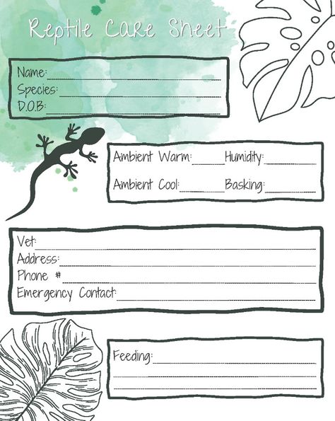 This is a digital care sheet that can be printed and filled out to give to pet sitters or anyone that will be spending time with your reptile(s). It is a great way to make sure that whoever is taking care of your pets will have all the information that that need. This will give you a peace of mind knowing that the sitter will know how to make sure your reptile(s) is happy and safe. Reptile Care, Emergency Contact, Leopard Gecko, Animal Care, Pet Sitters, Reptiles And Amphibians, Bearded Dragon, Gecko, Amphibians