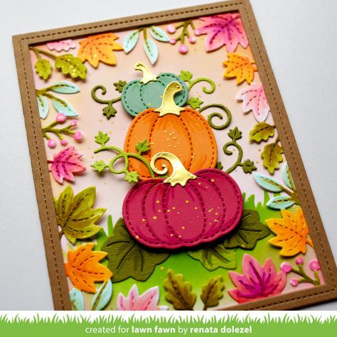 Lawn Fawn Stitched Pumpkins, Leaves Backdrop, Autumn Color Palette, Lawn Fawn Blog, Sage Leaf, Lawn Fawn Stamps, Lawn Fawn Cards, Pumpkin Cards, Ctmh Cards