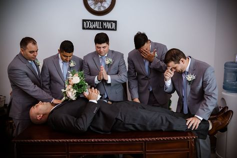 | funny groomsmen photo | "funeral" for the groom ;) | funny wedding day photos | funniest wedding photo ideas | dfw wedding photographer | wedding photo ideas | summer groomsmen style | groomsmen with periwinkle ties + peach boutonnieres | photo taken at THE SPRINGS Event Venue. follow this pin to our website for more information, or to book your free tour! SPRINGS location:  Rockwall Manor in Rockwall, TX photographer:  H|G Photo & Film #groomsmen #funny #weddingphotos #weddingphotography #dfw Funny Wedding Party Pictures, Funny Groomsman Photos, Groomsmen Poses Funny, Groomsmen Picture Ideas Funny, Groomsmen Funny Photos, Grooms Pictures Groomsmen Photo Ideas, Unique Groomsmen Photos, Groomsmen Photo Ideas Funny, Groomsmen Pictures Getting Ready