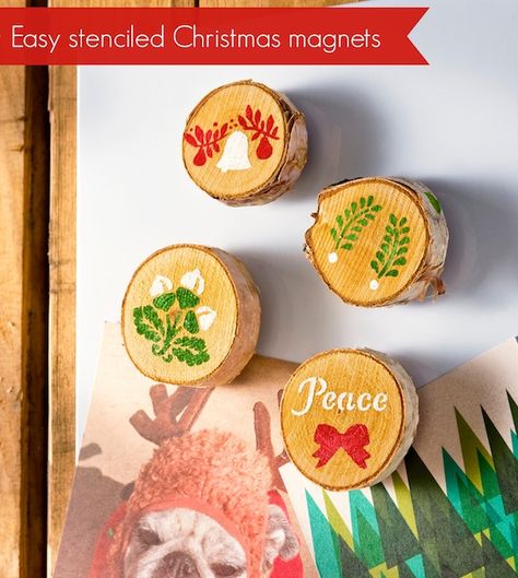 Learn to make easy DIY Christmas magnets with wood pieces, paint, and stencils. Easy for kids or for adults to make - perfect for gifts or to sell. They're cheap to make . . . . but look great! Christmas Apothecary Jars, Ornament Inspiration, Wood Slice Magnets, Magnets Diy, Christmas Crafts To Make And Sell, Christmas Magnets, Fun Holiday Crafts, Wood Discs, Bath Salts Diy