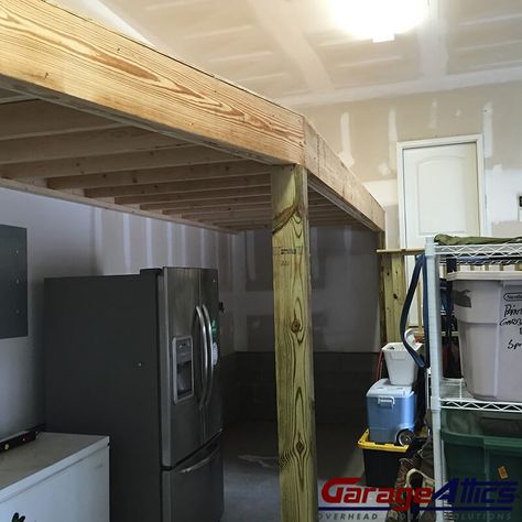 Garage Storage Loft Overhead, Storage Loft In Garage, Diy Mezzanine Loft, Garage Mezzanine Ideas, Garage Loft Storage, Diy Mezzanine, Garage Loft Ideas, Mezzanine Ideas, Loft Dormer