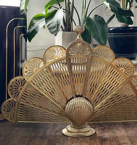 Vintage Brass Fireplace Screen, Brass Fan Fireplace Screen, Brass Fireplace Screen, Fireplace Cover, Mcm Style, Vintage Fireplace, Fireplace Fan, Fireplace Screen, Fireplace Screens