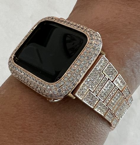 Pave Apple Watch Band 49mm Ultra Rose Gold & or Apple Watch Cover Lab Diamond Bezel Case Smartwatch Case Bling 38mm-45mm #AppleWatch #Series8 #BlingAppleWatch #SwarovskiCrystals #AppleWatchCase #DiamondAppleWatch #AppleWatchBezel #AppleWatchCover #AppleWatchBand #AppleWatchStraps Apple Watch Cover, Apple Watch Band Women, Bezel Band, Apple Watch Bands Women, Rose Gold Apple Watch, Gold Apple Watch, Apple Watch Series 2, Bracelet Apple Watch, Gold Apple