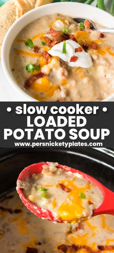 Slow cooker potato soup is thick, creamy, and tastes just like a loaded baked potato in the form of a warm and cozy soup! With just a few minutes of prep to sauté bacon and chop the potatoes (you don’t even need to peel them), it’s the crockpot that does all the work! Potato Soup With Ham, Baked Potato Soup Crock Pot, Slow Cooker Potato, Potato Bacon Soup, Slow Cooker Potato Soup, Slow Cooker Potatoes, Cozy Soup, Potato Soup Crock Pot, Loaded Potato Soup