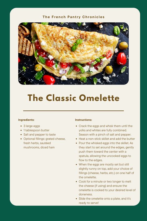 🍳 French Perfection: The Classic Omelette| Master the art of making a flawless French omelette, light, fluffy, and filled with your favorite ingredients. A quick and elegant breakfast or brunch option. #FrenchOmelette #BreakfastRecipes #EasyCooking" Classic French Omelette, French Omelette Recipe, Omlete Recipe Omelettes, Omelette Ingredients, Omelette Fillings, Elegant Breakfast, Healthy Omelette, French Omelette, Omlet Recipes